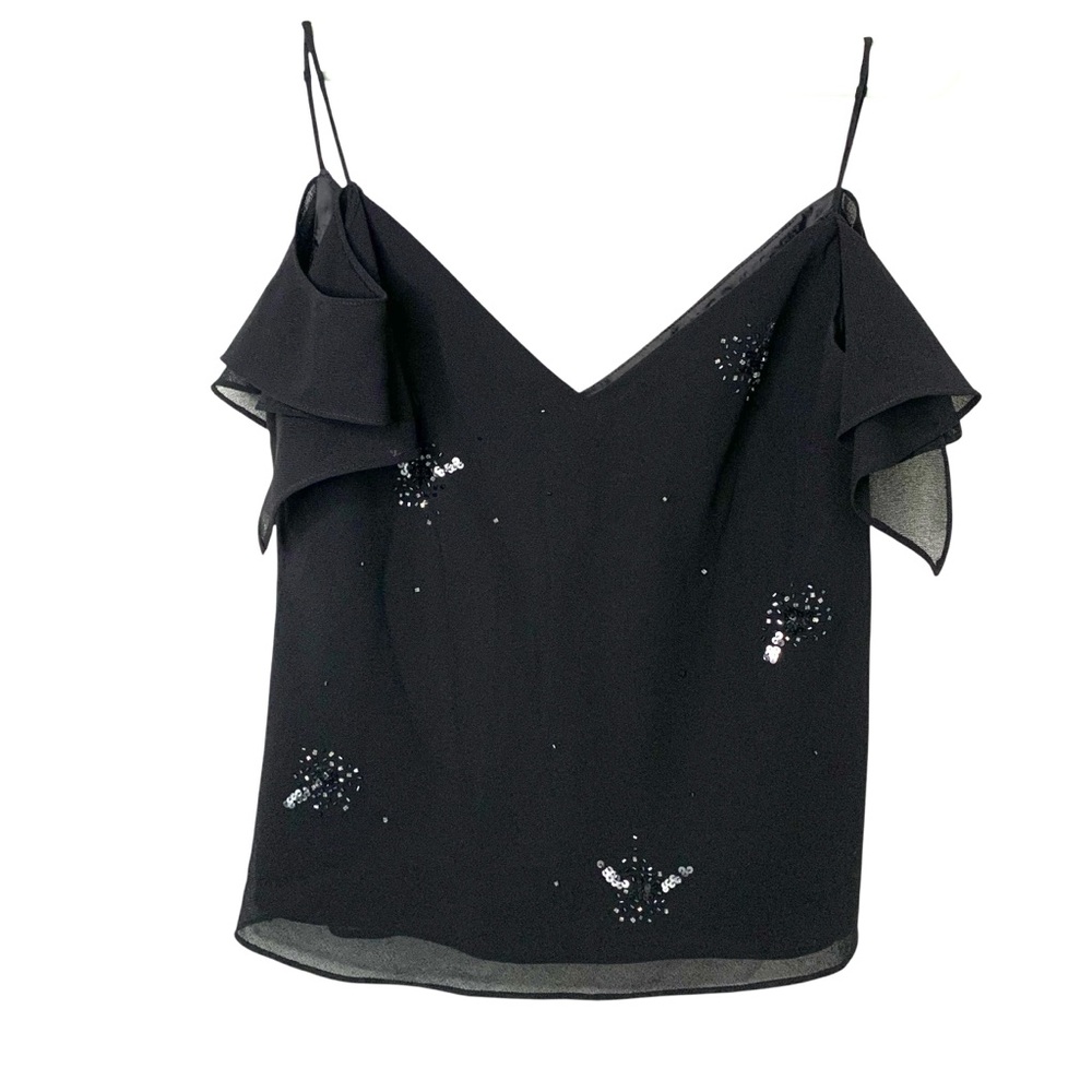 Vintage Y2K 90s Black Flutter Sleeve Sequin Embellished Witchy Whimsigoth Top